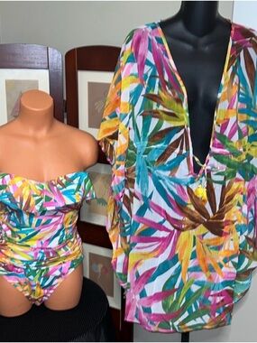 2pc set Bleu Rod Beattie Tropical Leaf One-Piece Swimsuit in Pink, Teal, Yellow